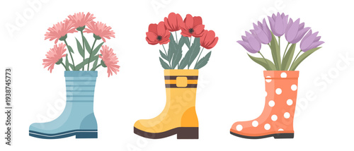 Set of rain boots with bouquets of spring flowers. Cute spring illustrations.