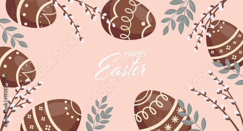 Happy Easter background with chocolate eggs and  willow branches. Festive banner for spring holiday.