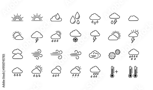 Modern meteorology outline icon set with sun cloud rain and storm symbols