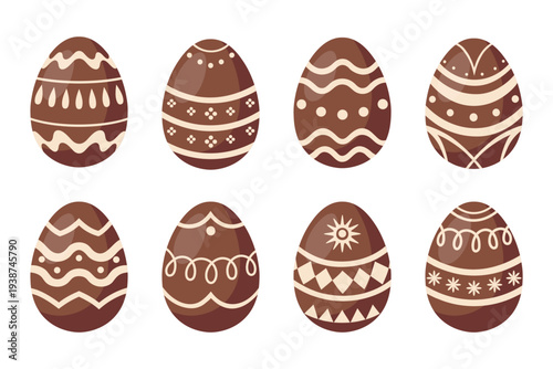 Set of chocolate easter eggs with different patterns. Illustration.