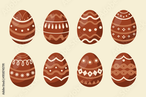 Set of brown chocolate easter eggs with different patterns. Illustration.