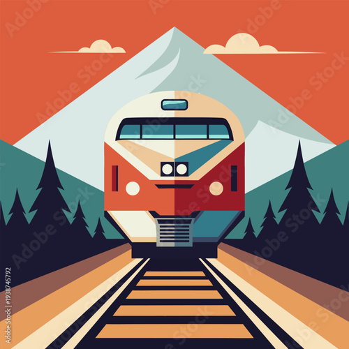 Modern train on the railway. Train traveling through mountain landscape. Illustration.