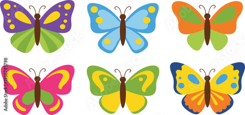 Colorful Butterfly Cartoon Set with Cute Decorative Wings Bright Insect Collection for Kids Design, Spring Nature Illustration and Educational Graphics