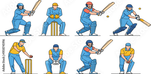 Cricket Player Action Pose Collection with Batting, Bowling, Wicket Keeping, and Fielding Professional Sportsman Vector Illustration Set for Sports Graphics