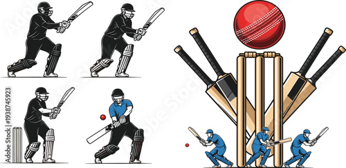 Cricket Sports Elements and Player Action Poses with Bat, Ball, Wickets and Batsman Shots Professional Cricket Vector Illustration Collection