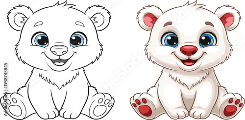 Cute Baby Polar Bear Cartoon Character with Outline and Colored Version for Kids Coloring Pages, Mascots, Stickers, Nursery Designs, and Children Illustrations