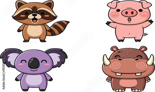 Cute Cartoon Animal Character Set with Raccoon, Pig, Koala, and Hippopotamus Kawaii Style Adorable Wildlife Mascot Vector Illustration Collection