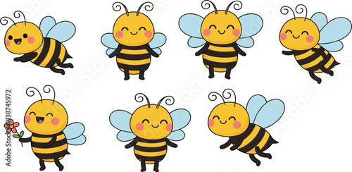 Cute Cartoon Bee Character Collection with Different Flying and Standing Poses Kawaii Honey Bee Mascot Vector Illustration Set for Kids Designs
