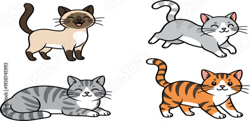 Cute Cartoon Cat Character Set Featuring Different Cat Breeds in Playful and Sitting Poses for Kids Illustration, Pet Design, Nursery Art, and Animal Graphics
