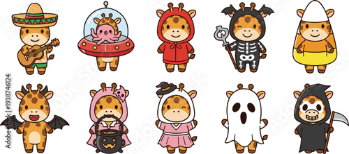 Cute Giraffe Cartoon Characters in Funny Costumes Collection with Halloween, Alien, Skeleton, Witch, and Sombrero Outfits Kawaii Animal Mascot Vector Set