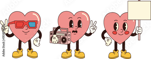 Cute Heart Mascot Cartoon Set with Retro Radio, Peace Gesture, 3D Glasses and Protest Sign Funny Love Character Illustration
