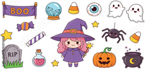 Cute Halloween Sticker Set with Little Witch, Pumpkin, Ghost, Candy, Spider, Magic Potion, and Spooky Cartoon Elements for Kids Holiday Design