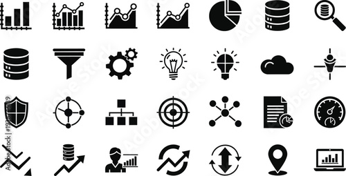 Collection of various business and data analysis icons in black and white