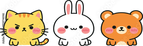 Cute Kawaii Animal Characters Set Featuring Cartoon Cat, Bunny Rabbit, and Bear with Blushing Faces for Kids Stickers, Mascots, and Nursery Designs