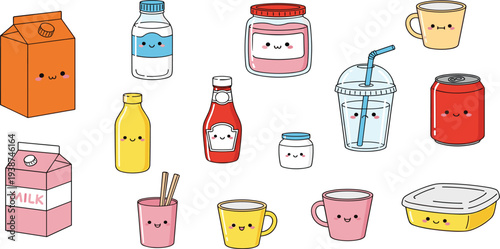 Cute Kawaii Food and Drink Collection Featuring Milk Cartons, Juice Bottles, Soda Cans, Coffee Cups, and Snack Containers with Adorable Cartoon Faces