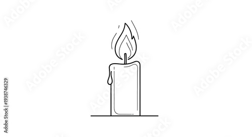 Simple Line Drawing of a Burning Candle with Flame and Dripping Wax on White Background
