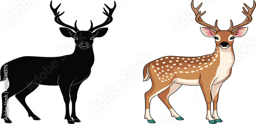 Deer Vector Illustration Set Featuring Realistic Spotted Deer and Black Silhouette Stag with Antlers for Wildlife, Nature, Forest Animal Design Elements
