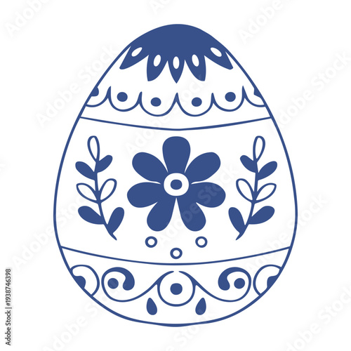 Ornamental Easter egg with botanical band and floral motif. Blue outline line art vector illustration on white background 