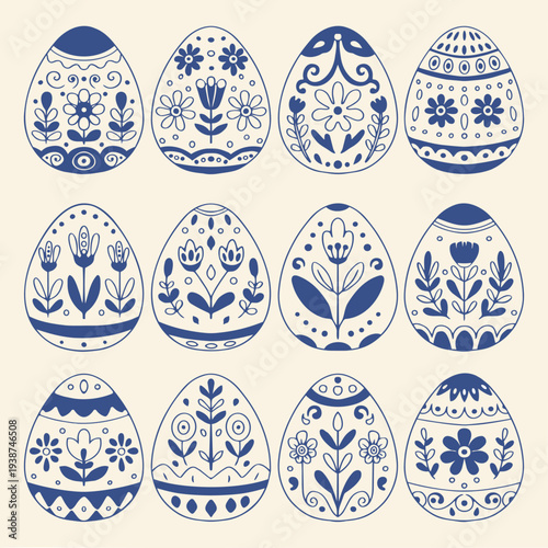 Large collection of twelve folk floral Easter eggs with ornamental botanical patterns. Blue outline vector illustration on beige background
