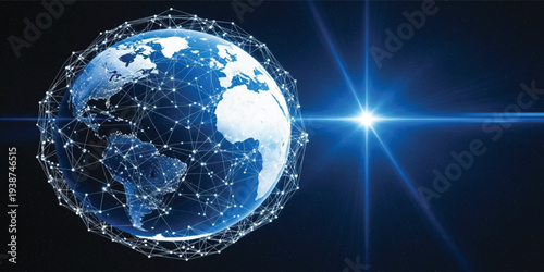 Global Digital Network Earth with Connected Lines and Nodes, Futuristic Technology Communication Concept in Space
