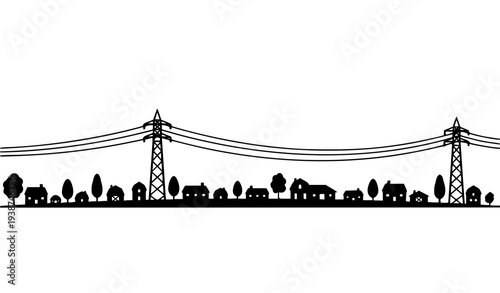 Countryside Village Skyline Silhouette with Electric Poles and Power Lines Vector