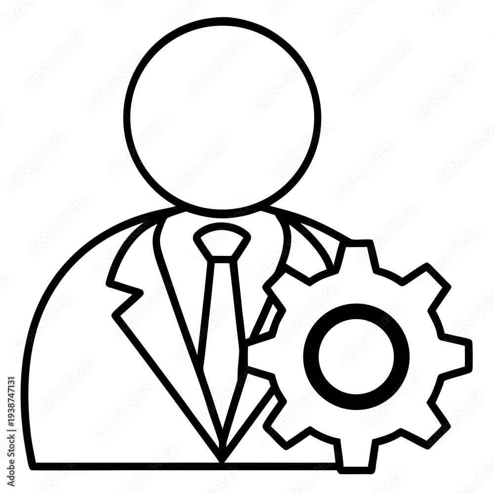 Obraz premium Business professional with gear icon line illustration representing management, technical expertise, problem solving, leadership, and corporate operations concept