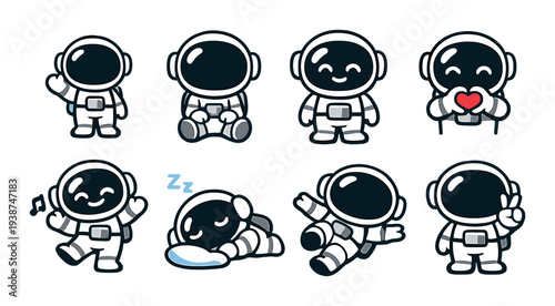 Cartoon astronauts expressing emotions and gestures on gray background