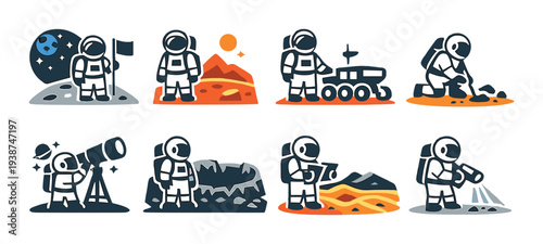 Astronauts performing planetary exploration on varied alien surfaces