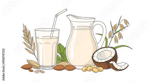 Assortment of plant-based milks in a glass and pitcher, surrounded by natural ingredients like oats, almonds, coconut, and soy.