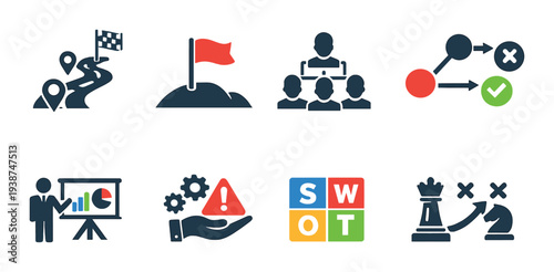Swot and strategic business icons displayed on dark background
