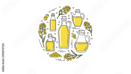 Circular composition featuring various bottles and pitchers of golden canola oil, surrounded by bright yellow canola flowers and seeds, for food themes.