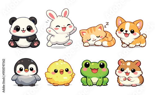 Eight kawaii animal characters arranged on dark gradient backdrop