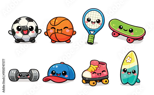 Sports equipment and toys with faces on gray backdrop