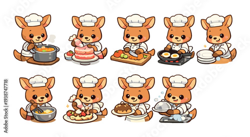 Kangaroo chefs preparing food in kitchen settings on brown backdrop