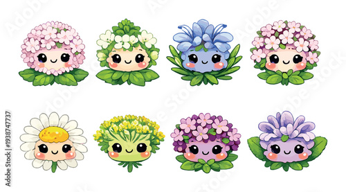 Flower characters smiling in two rows on dark gradient background
