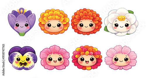 Assorted flower faces smiling in two rows on dark gradient background