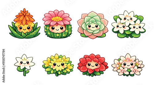 Eight smiling flower characters arranged in two rows on gradient