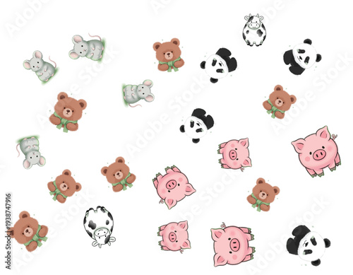 Cute cartoon animals including pigs bears and pandas arranged in a circular pattern illustration