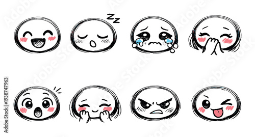 Round emoji faces showing various emotions on dark background