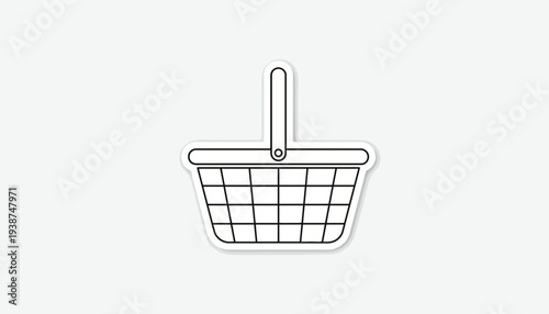 Simple Line Art Icon of a Wicker Shopping Basket with Handle on White Background