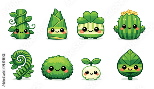 Cute plant icons arranged in grid on green background panel