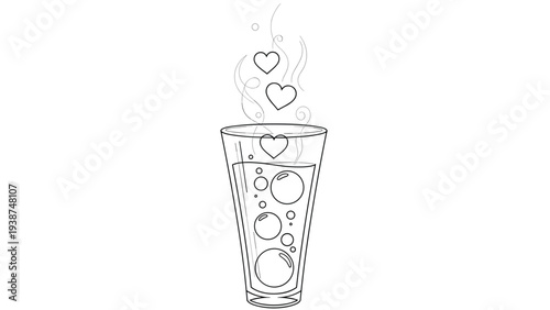 Romantic outline drawing of a tall glass filled with a sparkling beverage, effervescent bubbles, and floating hearts, symbolizing love.