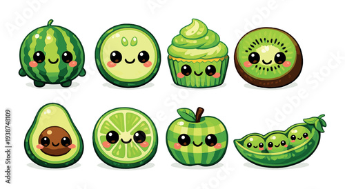 Assorted green fruit and dessert characters on green backdrop