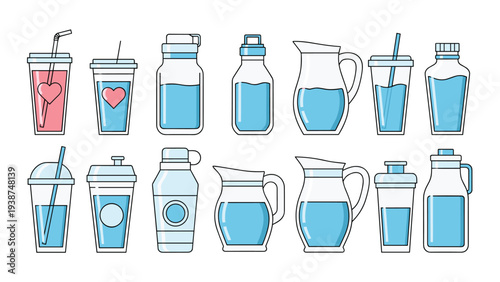 Collection of various water containers, including bottles, cups with straws, and pitchers, all filled with refreshing blue liquid, perfect for hydration and health themes.