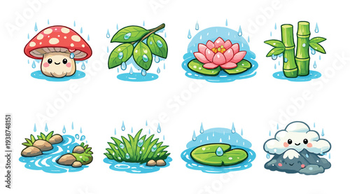 Nature elements and plants with raindrops on dark background