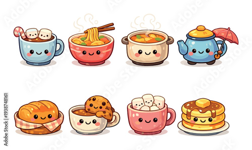 Cute breakfast and hot food items on neutral background
