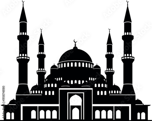 Vector illustration of a majestic mosque with domes and minarets, a prominent Islamic architectural landmark, viewed from the front, MASJID (26) .eps as reference
