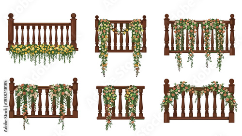 Elegant collection of traditional wooden balustrades and railings beautifully adorned with cascading floral garlands, perfect for wedding designs.