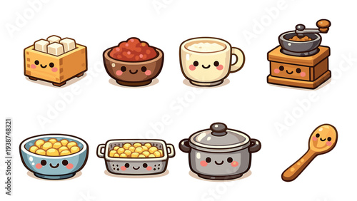 Cute kitchen utensils and ingredients arranged on gradient background