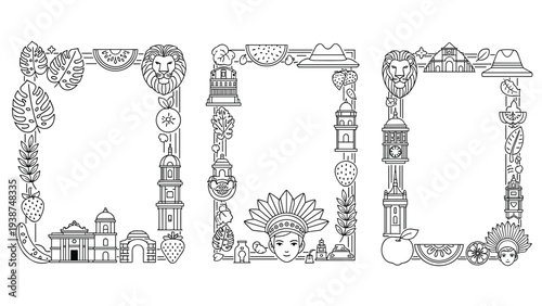 Intricate line art illustrations of three ornate decorative frames, each composed of a rich assortment of cultural symbols, fruits, and architectural elements.